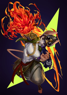 abs abstract_background action_pose bag big_breasts breasts claws clothing crop_top duo female fire long_tail looking_at_viewer midriff open_mouth pose satchel shirt tail topwear botak elemental_creature fire_creature mammal murid murine rat rodent 2025 digital_media_(artwork) digital_painting_(artwork) hi_res painting_(artwork)