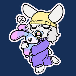 anthro beanie clothing female hat headgear headwear holding_object holding_plushie hug hugging_object hugging_plushie object_in_mouth onesie pacifier pacifier_in_mouth plushie sleeping solo telegram_sticker young bunnyqueen lilly_blomme_(bunnyqueen) lagomorph leporid mammal rabbit 1:1 animated