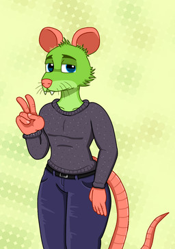 anthro belt blue_eyes bottomwear clothing femboy gesture green_body hand_gesture male pants rat_tail solo sweatshirt tail teeth v_sign anonymous_artist mammal murid murine rat rodent hi_res