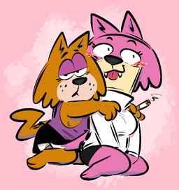 anthro anthro_on_anthro blep blush brown_body brown_fur cigarette clothed clothing crossgender cute_fangs duo fangs female female/female fully_clothed fur half-closed_eyes looking_at_viewer mtf_crossgender narrowed_eyes pink_body pink_fur simple_background smoking teeth tongue tongue_out the-alfie-incorporated hanna-barbera jellystone_(hbo_max) top_cat_(series) brain_(top_cat) choo-choo_(top_cat) domestic_cat felid feline felis mammal 2021