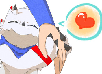 anthro claws closed_smile duo eyes_closed hand_holding happy heart_symbol horn kerchief male mouth_closed neckerchief neckwear simple_background smile white_background white_body oko_konoko2 bandai_namco digimon digimon_(species) gammamon human mammal hi_res