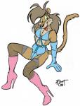 boots clothed clothing crossdressing ear_piercing fishnet_clothing fishnet_legwear footwear gloves handwear high_heeled_boots high_heels legwear male piercing shoes solo thigh_highs tongue tongue_out vawlkee felid lion mammal pantherine 1994 hi_res