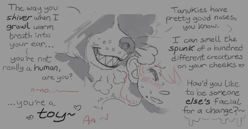 anthro blush bodily_fluids breath degradation dialogue duo female female/female imminent_cock_vore imminent_vore panting sharp_teeth sniffing sweat teeth text verbal verbal_degradation verbal_domination whispering_in_ear meltyautumn canid canine human mammal raccoon_dog tanuki english_text trans_(lore) trans_woman_(lore)