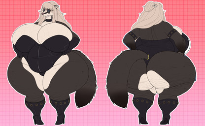 anthro armband big_breasts big_butt big_tail biped black_clothing black_leotard blonde_hair blue_eyes boots breasts brown_body brown_fur butt cellulite choker cleavage cleavage_overflow clothed clothing countershade_fur countershade_torso countershading curvy_figure dominatrix female fluffy fluffy_tail footwear front_view fur geometric_background gradient_background grid_background hair hands_on_hips high_heeled_boots high_heels huge_breasts huge_butt huge_hips huge_thighs jewelry knee_boots knee_highs legwear leotard liver_spots long_hair looking_at_viewer mature_anthro mature_female necklace pattern_background pink_background rear_view shoes simple_background smile solo tail tan_body tan_fur thick_thighs vein veiny_breasts voluptuous wide_hips vintagart stella_(noeticred) badger japanese_badger mammal meles mustelid musteline 2025 hi_res model_sheet