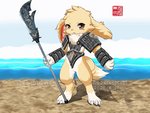4:3 5_fingers animated anthro armor asian_clothing bracers canid canine canis china chinese chinese_clothing clothed clothing cute_fangs digital_media_(artwork) donghu east_asian_clothing fennec_fox fingers fox full-length_portrait male mammal melee_weapon polearm portrait sea seaside short_playtime solo true_fox tuft water weapon young