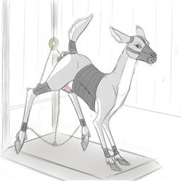 anal anal_penetration ass_up bdsm blue_eyes bodily_fluids bondage bound chain cuff_(restraint) dildo drooling ears_back female feral fur gag gagged hooves inside leather looking_at_viewer mask multicolored_body multicolored_fur muzzle_(object) muzzled penetration pivoted_ears raised_tail restrained restraints saliva sex_toy shackles solo spread_legs spreading submissive submissive_female suspension tail teats two_tone_body two_tone_fur vaginal vaginal_penetration equalicus deer mammal 1:1 restricted_palette sketch