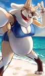 absurd_res anthro artist_name bahnbahn beach belly big_belly big_breasts bottomwear bra breasts brown_body brown_fur canid canine canis cleavage clothed clothing collar day doggette_(bahnbahn) domestic_dog eyewear feet female fur generation_4_pokemon gesture glasses hand_gesture hi_res hybrid looking_at_viewer lucario mammal multicolored_body multicolored_fur nintendo nipple_outline open_mouth orange_eyes outside pokemon pokemon_(species) pregnant pregnant_anthro pregnant_female seaside selfie shiba_inu shorts solo spitz sports_bra tail tan_body tan_fur text toes underwear url v_sign white_body white_fur