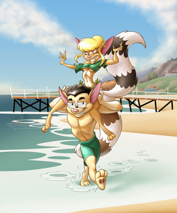 3_toes anthro athletic barefoot beach black_hair blonde_hair breasts clothing countershade_arms countershade_torso countershading duo ear_piercing eyewear feet female glasses hair helix_piercing male male/female markings midriff_top navel pawpads paws piercing pink_pawpads plantigrade ring_(marking) ringed_tail soles striped_markings striped_tail stripes swimming_trunks swimwear tail tail_markings toes under_boob water stanmort becky_ringtail john_astutus bassariscus mammal procyonid ring-tailed_cat 2025 hi_res
