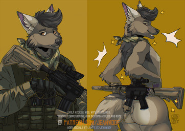 anthro barrel butt gun information male nude_male ranged_weapon rifle rifle_sling scope solo weapon jeanwoof flak_(foxyflak) canid canine canis hybrid mammal