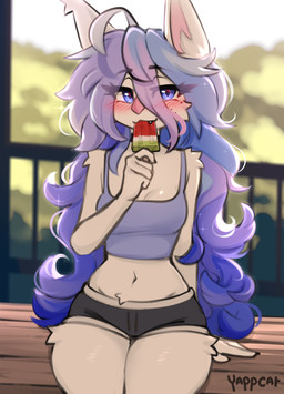 anthro blue_eyes blush clothed clothing eyebrows eyelashes female fingers food front_view fruit hair long_hair looking_at_viewer melon navel plant popsicle solo text watermelon watermelon_popsicle watermelon_slice yappcat prism_(prsmrti) bat mammal 2025 artist_name digital_media_(artwork) hi_res