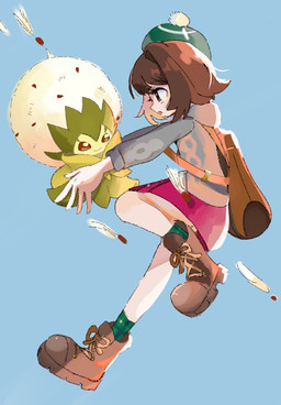 ambiguous_gender backpack bottomwear brown_eyes brown_hair clothing duo female footwear green_body hair hat headgear headwear open_mouth plant shoes simple_background skirt smile socks toripoke710 nintendo pokemon gloria_(pokemon) eldegoss elemental_creature flora_fauna generation_8_pokemon human mammal pokemon_(species) 2025 hi_res