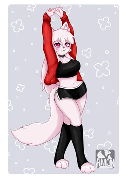 anthro big_breasts biped border bottomwear breasts clothing coat crop_top denim denim_bottomwear denim_clothing denim_shorts female female_anthro fluffy fluffy_tail front_view hair raised_arm red_clothing red_coat red_eyes red_topwear shirt shorts simple_background solo standing stretching tail thick_thighs topwear white_body white_border white_hair amoni_(artist) canid canine fox mammal full-length_portrait hi_res portrait