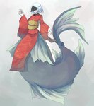 5_fingers asian_clothing clothed_female clothing east_asian_clothing female fin fingers hair red_clothing short_hair simple_background smile solo split_form white_hair whitechip marine merfolk 2023