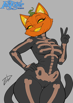 anthro black_clothing black_suit bodysuit camel_toe clothing female for_a_head gesture hand_gesture holidays jack-o'-lantern markings nipple_outline pumpkin_head simple_background skeleton_(marking) skinsuit solo suit tail tight_clothing v_sign zoobastik epic_games fortnite halloween inktober inktober_2025 spice_(fortnite) felid feline mammal object_head 2025 absurd_res hi_res