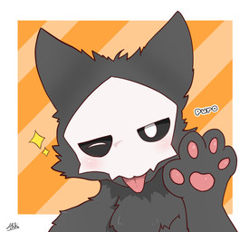 ambiguous_gender anthro blush gesture looking_at_viewer mask one_eye_closed orange_background pattern_background pawpads paws simple_background solo sparkles sparkling_wink striped_background tongue tongue_out waving waving_at_viewer white_eyes wink changed_(video_game) puro_(changed) canid canine canis mammal wolf