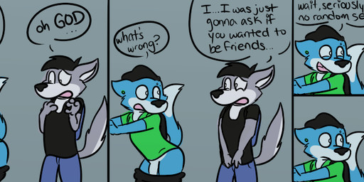 anthro awkward backpack biped black_bottomwear black_clothing black_hair black_headwear black_nose black_topwear blue_body blue_bottomwear blue_clothing blue_fur bottomwear bottomwear_down clothed clothing countershade_face countershade_tail countershade_torso countershading dialogue dipstick_tail duo ear_piercing explicitly_stated_nonconsent flaccid forced fur genitals green_clothing green_topwear grey_background grey_body grey_fur hair half-closed_eyes hat headgear headwear male male/male markings misunderstanding multicolored_tail narrowed_eyes open_mouth pants pants_down partially_clothed penis piercing raised_tail rape sex shirt shocked simple_background speech_bubble standing tail tail_markings text topwear white_body white_countershading rotten_robbie robbie_(rotten_robbie) canid canine canis mammal wolf english_text long_image wide_image