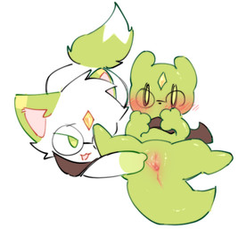 anus blush blushing_profusely cat_smile chibi dipstick_tail duo eyewear female feral forehead_gem front_view fur gem genitals glasses glistening glistening_body green_body green_eyes green_skin hand_on_face looking_at_genitalia lying markings mouthless no_pupils on_back on_front presenting presenting_partner presenting_vulva round_ears simple_background spread_vulva spreading tail tail_markings vertical_bar_eyes vulva white_background white_body white_fur wide_eyed kirichiiii rain_world videocult domestic_cat felid feline felis mammal slugcat