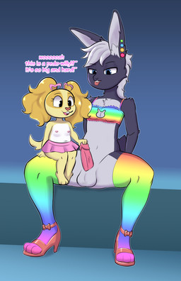 adult_on_young age_difference anthro big_butt bottomwear butt cleavage_cutout clothing cutout duo ear_piercing erection female femboy footwear genitals high_heels humanoid_genitalia humanoid_penis legwear male male/female multicolored_clothing multicolored_legwear multicolored_thigh_highs multicolored_topwear older_femboy older_male penis piercing pigtails rainbow_clothing rainbow_legwear rainbow_thigh_highs rainbow_topwear shoes skirt stated_pedophilia thick_thighs thigh_highs topwear young young_anthro young_female younger_female anonymous_artist dollie_(triixs) sammy_(triixs) canid canine lagomorph leporid mammal rabbit hi_res
