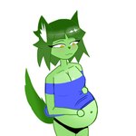 :3 black_clothing black_panties black_underwear blue_clothing blue_shirt blue_topwear blush breasts cleavage clothed clothing female fur green_body green_fur green_hair green_nose hair hand_on_belly heart_nose heart_symbol inner_ear_fluff looking_at_belly panties pointy_ears pregnant prick_ears shirt simple_background smile topwear tuft underwear white_background yellow_eyes cupcakezoo unknown_species 1:1 digital_drawing_(artwork) digital_media_(artwork) portrait three-quarter_portrait