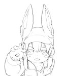 alex_the_narehate anthro clothing ears_up gesture hand_gesture hat headgear headwear hi_res jacket made_in_abyss maiconsandey male monochrome narehate pointing simple_background sketch smile solo topwear whiskers