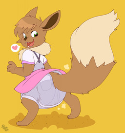 3_fingers ambiguous_gender anthro big_diaper blush blush_lines bottomwear brown_body brown_fur brown_inner_ear brown_nose brown_tail clean_diaper clothed clothing cloud_emanata diaper diaper_puff diaper_under_clothing dipstick_tail emanata fangs fingers fur grey_clothing grey_overalls happy head_tuft heart_symbol logo looking_back markings multicolored_body multicolored_fur open_mouth open_smile overalls pink_bottomwear pink_clothing pink_skirt rear_view shirt simple_background skirt smile solo speech_bubble tail tail_markings tan_body tan_fur tan_tail tan_tail_tip teeth topwear tuft two_tone_body two_tone_fur two_tone_tail wearing_diaper white_background white_clothing white_shirt white_topwear bubblepuppers nintendo pokemon bud_(moon_is_baby) fan_character eevee generation_1_pokemon pokemon_(species) artist_logo full-length_portrait hi_res portrait