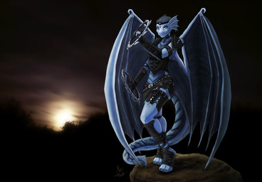 accessory armor belt blue_body blue_eyes blue_scales breasts clothing dagger ear_piercing female gloves handwear headband jewelry leather looking_at_viewer melee_weapon membrane_(anatomy) membranous_wings necklace non-mammal_breasts piercing scales solo standing tail weapon wings titaniarose mythology dragon mythological_creature mythological_scalie scalie hi_res