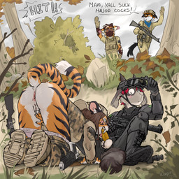 airsoft_gun anthro anus assertive_female ball_tuft balls blush bottomwear bottomwear_down brown_hair butt camo camo_bottomwear camo_clothing camo_pants camo_print camo_topwear clothed clothed_sex clothing dialogue duo eyewear eyewear_on_head fangs fellatio female female_penetrated fur genitals goggles goggles_on_head grey_body grey_fur gun hair handgun insult male male/female male_penetrating male_penetrating_female masturbation oral orange_body orange_fur outside pants pants_down partially_clothed pattern_bottomwear pattern_clothing pattern_pants pattern_topwear penetration penile penis penis_poking_out pistol predator/prey public public_sex ranged_weapon red_hair sex shotgun stealth_sex striped_body striped_fur stripes teeth text tomboy topwear tuft underwear underwear_down vaginal vaginal_masturbation vulva weapon white_balls yellow_penis kapri alex_marx zylanos_(zylanosz) bovid canid canine caprine felid goat mammal pantherine tiger 1:1 absurd_res english_text hi_res story story_at_source story_in_description