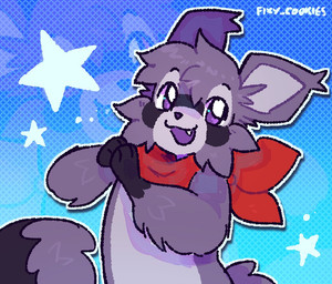 3_fingers anthro black_body black_fur black_nose black_outline blue_background blush blush_lines cheek_tuft countershade_face countershade_fur countershade_torso countershading eyebrows facial_tuft fingers front_view fur geometric_background gloves_(marking) gradient_background grey_body grey_fur grid_background happy kerchief kerchief_only looking_at_viewer male markings mostly_nude neckerchief neckerchief_only neckwear open_mouth open_smile outline pattern_background pupils purple_eyes red_kerchief red_neckerchief simple_background smile snaggle_tooth snout solo star_symbol tail text tuft white_body white_countershading white_fur fixy_cookies indigo_park rambley_raccoon mammal procyonid raccoon 2024 artist_name cel_shading digital_media_(artwork) half-length_portrait portrait shaded
