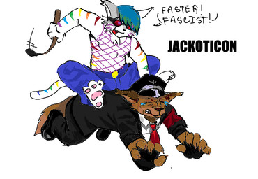 absurd anthro duo eyewear goggles humiliation humor male nazi nazi_uniform rainbow riding whip jackoticon furries_in_a_blender lapfox_trax jackal_queenston canid canine canis domestic_cat domestic_dog felid feline felis german_shepherd herding_dog mammal pastoral_dog