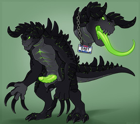 animal_genitalia animal_penis claws erection feral genital_slit genitals glowing glowing_genitalia glowing_penis glowing_tongue jewelry knot long_tongue looking_at_viewer male necklace penis scales semi-anthro solo spikes standing tail teeth tongue tongue_out royalty_(artist) fallout microsoft deathclaw glowing_deathclaw scalie