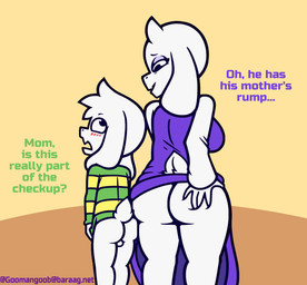 anthro ass_to_ass backsack bad_parenting balls big_butt blush blush_lines bottomless bottomless_anthro bottomless_male butt butt_grab butt_squish clothed clothing dialogue dress dress_up duo embarrassed exposed_butt female floppy_ears fur genitals green_clothing green_shirt green_topwear hand_on_butt hand_on_own_butt horn long_ears long_sleeves male multicolored_clothing multicolored_shirt multicolored_topwear pattern_clothing pattern_shirt pattern_topwear physical_exam pulling_shirt_down purple_clothing purple_dress purple_eyelids raised_tail rear_view scut_tail shirt short_tail simple_background smile squish striped_clothing striped_shirt striped_topwear stripes tail talking_to_another text topwear two_tone_clothing two_tone_shirt two_tone_topwear white_body white_fur white_horn white_sleeves white_tail yellow_clothing yellow_shirt yellow_topwear young young_anthro young_male goomangoob undertale undertale_(series) asriel_dreemurr toriel bovid caprine goat mammal 2025 absurd_res artist_name english_text hi_res url incest_(lore) mother_(lore) mother_and_child_(lore) mother_and_son_(lore) parent_(lore) parent_and_child_(lore) parent_and_son_(lore) son_(lore)