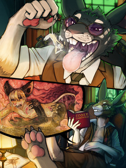 acid_burns anthro black_body black_fur bodily_fluids book clothed clothing cutaway duo eyewear fatal_vore fur glasses green_eyes grin imminent_death inside inside_stomach male male/male male_pred male_prey micro narrowed_eyes nude open_mouth oral_vore reading reading_book saliva saliva_string sitting smile stomach_acid tinted_glasses vore white_body white_fur wounded yellow_body yellow_fur acidic lagomorph leporid mammal rabbit rodent 3:4 comic hi_res