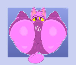 anthro bedroom_eyes big_butt blue_background border bulge butt butt_focus clothing eyewear femboy flexible fur glasses hair huge_butt huge_thighs legs_behind_head legs_up legwear looking_at_viewer lying male narrowed_eyes on_back pink_body pink_fur pink_hair presenting presenting_hindquarters seductive short_hair simple_background solo stretching thick_thighs thigh_highs underwear yellow_sclera frumples patreon frumples_(character) domestic_cat felid feline felis mammal 2022 dated digital_drawing_(artwork) digital_media_(artwork)