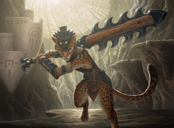 action_pose anthro armor cavern detailed_background female fur headgear helmet holding_melee_weapon holding_object holding_weapon looking_at_viewer macuahuitl melee_weapon pose solo tail weapon dan_scott hasbro magic:_the_gathering wizards_of_the_coast felid jaguar mammal pantherine 2023 official_art