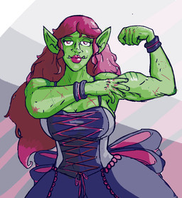big_breasts breasts fangs female flexing green_body green_skin muscular not_furry scar sharp_teeth solo teeth victorian doc_thrasher humanoid orc