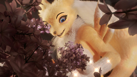 anthro blue_eyes eyelashes female flower fluffy fluffy_tail fur lilac_(flower) neck_tuft outside plant raised_tail smile solo sparkles tail thick_tail tuft yellow_body yellow_fur mrs_dexie furromantic_(modeler) bandai_namco digimon renamon_(furromantic) canid canine digimon_(species) mammal renamon 16:9 2025 3d_(artwork) 4k absurd_res digital_media_(artwork) hi_res widescreen