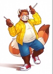 anthro biped brown_hair clothed clothing eyewear fully_clothed glasses hair holding_object male overweight overweight_anthro overweight_male shirt simple_background solo standing topwear white_background orangetavi ailurid mammal red_panda