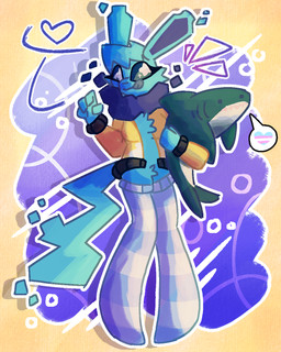4_fingers anthro blue_body blue_ears blue_fur blue_inner_ear blue_sclera blue_tail blue_tongue chest_tuft clothed clothed_anthro clothing female fingers fur heart_symbol legwear lgbt_pride mane pattern_clothing pattern_legwear pattern_thigh_highs pride_colors simple_background solo speech_bubble striped_clothing striped_legwear striped_thigh_highs stripes tail thigh_highs tongue tongue_out transgender_pride_colors tuft yellow_background roosternuggies ikea nintendo pokemon blahaj shockwave_(liquafusion) eeveelution generation_1_pokemon jolteon pokemon_(species) 2026 4:5 digital_media_(artwork) hi_res