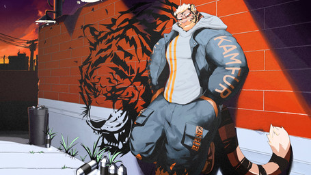 anthro brick brick_wall clothed clothing fur graffiti hair light looking_at_viewer male orange_body orange_fur solo spray_can street_lamp sunset trash_can wall_(structure) white_hair vo7gu46xduh36 felid mammal pantherine tiger 16:9 hi_res widescreen