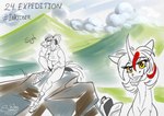 anthro anthro_horse backpack duo eating expedition female food inktober2024 sitting tired sunny_way inktober alirfesta_felastis sunny_way_(character) equid equine horse ki'rinaes mammal digital_media_(artwork) hi_res sketch