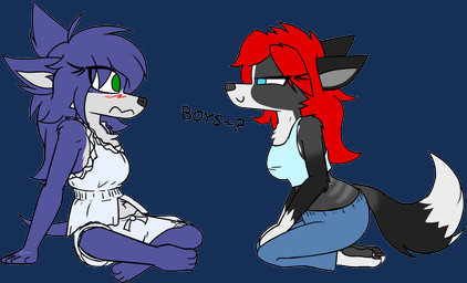 anthro black_body blue_body blue_eyes blue_fur bottomwear clothed clothing duo female fur green_eyes hair pajamas red_hair white_body white_fur w0lfmare bloodline_(webcomic) ember_(bloodline) saoirse_(wallooner97) canid canine canis fox mammal red_fox silver_fox true_fox wolf alpha_channel hi_res