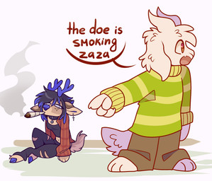 anthro antlers barefoot clothed clothed_anthro clothed_female clothed_male clothing cloven_hooves cute_fangs dialogue drugs duo fangs feet female female_anthro fur gesture hair hand_gesture hooves horn joint male male_anthro open_mouth paws pointing pointing_at_another smoking_joint substance_intoxication tail teeth tongue cookiethecabbit deltarune undertale undertale_(series) asriel_dreemurr dess_holiday bovid caprine deer goat mammal new_world_deer reindeer 2026 absurd_res digital_media_(artwork) hi_res