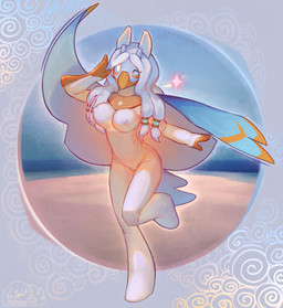 accessory anthro beach beak breasts clothing female glowing glowing_body glowing_eyes hair hair_accessory hair_tie horn long_ears long_hair motion_lines nipple_outline nipples non-mammal_breasts non-mammal_nipples one_eye_closed skin_tight_suit solo tight_clothing white_clothing white_hair wings wink lightwing01 sky_children_of_the_light avian hybrid hi_res