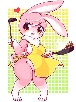 amber_eyes anthro apron apron_only blush border breasts clothing cookware countershade_face countershade_tail countershade_torso countershading female food frying_pan fur head_tuft heart_symbol holding_object kemono kitchen_utensils ladle mostly_nude neck_tuft pink_body pink_fur scut_tail short_tail simple_background solo tail thick_thighs tools tuft white_border white_inner_ear takiune_(pixiv) domestic_rabbit lagomorph leporid mammal oryctolagus rabbit 2020 3:4 aliasing digital_media_(artwork) full-length_portrait low_res portrait