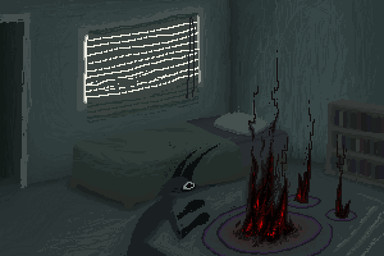 ambiguous_gender bed bedroom detailed_background feral fur furniture grey_body grey_fur hell inside solo window demensa emil_(demensa) canid canine canis coyote domestic_dog mammal 2023 3:2 digital_media_(artwork) pixel_(artwork)