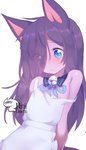 bell blue_eyes brown_hair clothed clothing dress female hair hair_over_eye hands_behind_back jingle_bell long_hair looking_down off_shoulder one_eye_obstructed simple_background solo white_background white_body white_skin young young_female young_humanoid niniidawns animal_humanoid felid felid_humanoid feline feline_humanoid humanoid mammal mammal_humanoid artist_name digital_media_(artwork) shaded