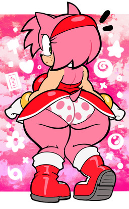 accessory anthro back_boob big_breasts big_butt black_nose border bracelet breasts butt cartoon_freckles clothing dress eyelashes female footwear freckled_face freckles gloves gold_(metal) gold_bracelet gold_jewelry green_eyes hair hair_accessory hairband handwear huge_butt huge_hips jewelry long_eyelashes looking_back multicolored_body panties pink_background pink_body pink_clothing pink_ears pink_hair pink_panties pink_tail pink_underwear polka_dot_panties rear_view red_clothing red_dress red_footwear red_hairband red_shoes scut_tail shoes short_tail simple_background solo tail tan_body thick_thighs two_tone_body underwear white_border white_clothing white_gloves white_handwear white_panties white_underwear wide_hips gallycidpizza sega sonic_the_hedgehog_(series) amy_rose eulipotyphlan hedgehog mammal 2026 colored digital_media_(artwork) flat_colors hi_res