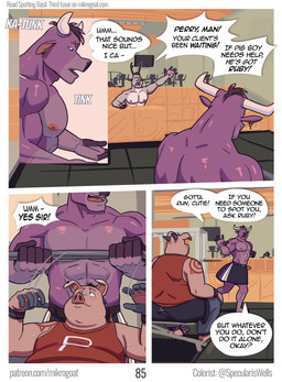 abs anthro barbell being_watched bodily_fluids body_hair bottomwear brown_hair clothed clothed_anthro clothed_male clothing dialogue ear_piercing exercise eyebrow_piercing eyebrows facial_piercing fur grey_body grey_fur group hair horn looking_at_another male muscular muscular_anthro muscular_male overweight overweight_anthro overweight_male piercing pink_body pink_skin shirt shorts sitting speech_bubble sweat tank_top teeth text tongue tongue_piercing topless topless_anthro topless_male topwear trio_focus mikrogoat basil_(mikrogoat) perry_(mikrogoat) ruby_(mikrogoat) bovid bovine cattle deer domestic_pig lagomorph leporid mammal rabbit suid suine sus_(pig) comic english_text hi_res url nonbinary_(lore)
