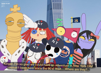 accessory anthro baseball_cap big_ears black_baseball_cap black_choker black_hair black_jewelry black_necklace blue_clothing blue_shirt blue_t-shirt blue_topwear blush bodily_fluids bow_ribbon brown_hair chess_piece choker clothed clothing dialogue disembodied_hand doll eyes_mostly_closed female fur group hair hair_accessory hair_bow hair_ribbon hat headgear headwear holding_back_laughing humanoid_hands jester jewelry logo_on_shirt long_hair looking_at_another male medium_hair narrowed_eyes necklace nervous nervous_sweat new_york_state_flag off_shoulder one_world_trade_center open_mouth pattern_clothing pattern_shirt pattern_topwear photo_background purple_body purple_fur red_clothing red_shirt red_topwear ribbons shirt shocked squint striped_clothing striped_shirt striped_topwear stripes sweat sweaty_face t-shirt text text_on_clothing text_on_hat text_on_headwear topwear trying_not_to_laugh white_body nikkiaart 9/11 glitch_productions i_love_new_york new_york_mets the_amazing_digital_circus gangle_(tadc) gooseworx's_post-transition_jax_design jax_(tadc) kinger_(tadc) pomni_(tadc) ragatha_(tadc) zooble_(tadc) animate_inanimate lagomorph leporid living_doll mammal rabbit 2026 absurd_res english_description english_text hi_res mixed_media photography_(artwork) trans_(lore) trans_woman_(lore)