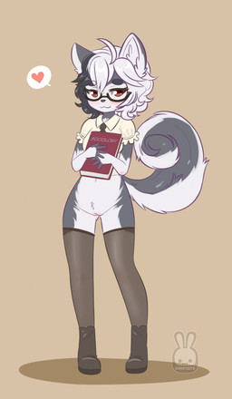 5_fingers :3 ahoge anthro black_body black_fur black_hair blouse blush book boots bottomless breasts clothed clothing countershading crotch_tuft curled_tail eyelashes eyewear female fingers fluffy fluffy_hair fluffy_tail footwear front_view fur garter_straps genitals glasses hair hands_together heart_symbol holding_book holding_object inner_ear_fluff innie_vulva legwear lingerie long_tail looking_at_viewer looking_forward mature_female multicolored_hair navel necktie nerd red_eyes shoes simple_background solo speech_bubble standing stockings tail thigh_highs topwear translucent translucent_clothing translucent_legwear translucent_stockings tuft two_tone_hair vulva white_body white_fur white_hair bunnybits conditional_dnp katherine_(badmatt) australian_shepherd canid canine canis domestic_dog herding_dog mammal pastoral_dog sheepdog 2020 absurd_res digital_media_(artwork) hi_res pictographics shaded